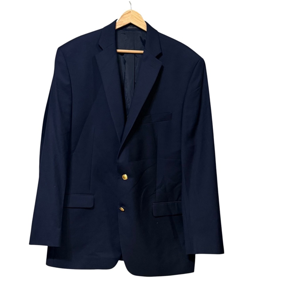 Lauren Ralph Lauren Mens Navy Blue 100% Wool 2-Button Gold Crest Blazer 44L